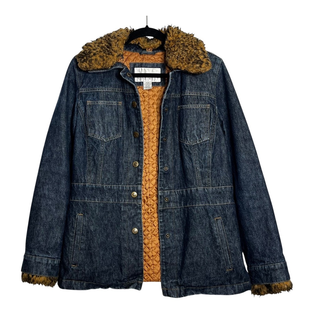 Nine West Womens Denim Jacket Faux Fur Trim Quilted‎ Lined Dark Wash Blue Medium